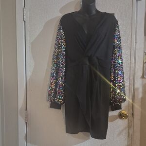 Chic Black Dress with Multicolor Sequin Sleeves